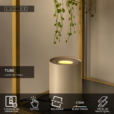 Lucide TUBE - Lampe de table - Ø 9,6 cm - LED 3 StepDim - GU10 - 1x5W 2700K - Taupe